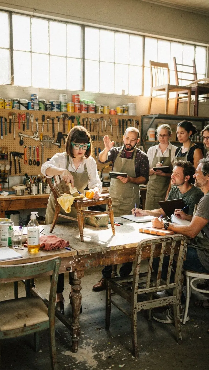 Wood finishing options in vintage restoration workshop.